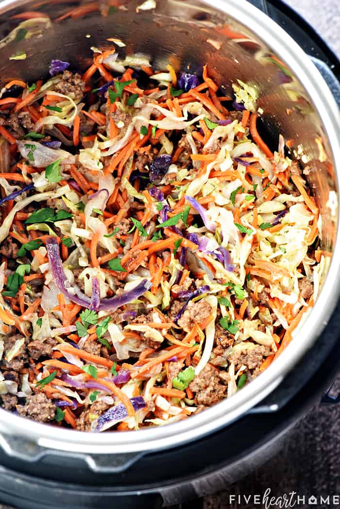 Aerial view of Egg Roll in a Bowl in Instant Pot.