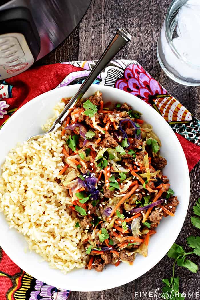 Aerial view of Instant Pot Egg Roll in a Bowl on table.