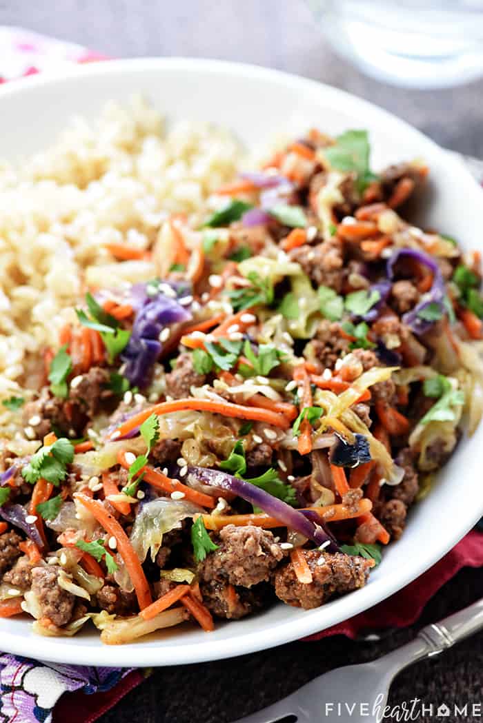 Serving dish of Instant Pot Egg Roll in a Bowl.