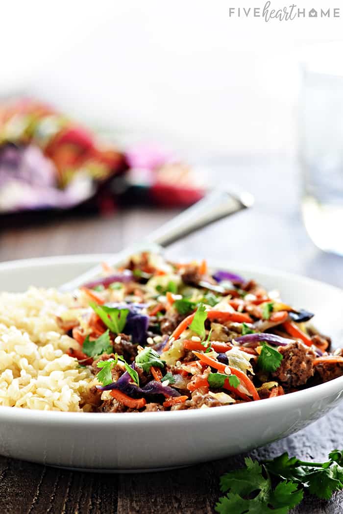 Serving of Egg Roll in a Bowl with rice.