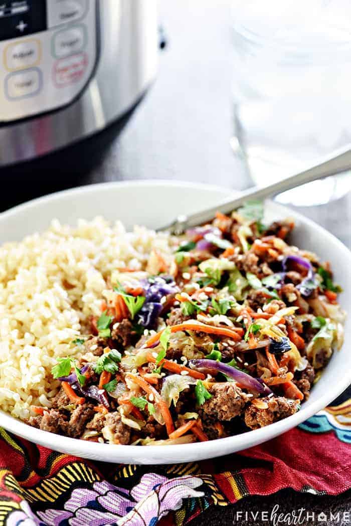 Instant Pot Egg Roll in a Bowl ~ a hearty, healthy, delicious recipe of egg roll "filling" without the wrapper, that effortlessly comes together in mere minutes in the pressure cooker! | FiveHeartHome.com