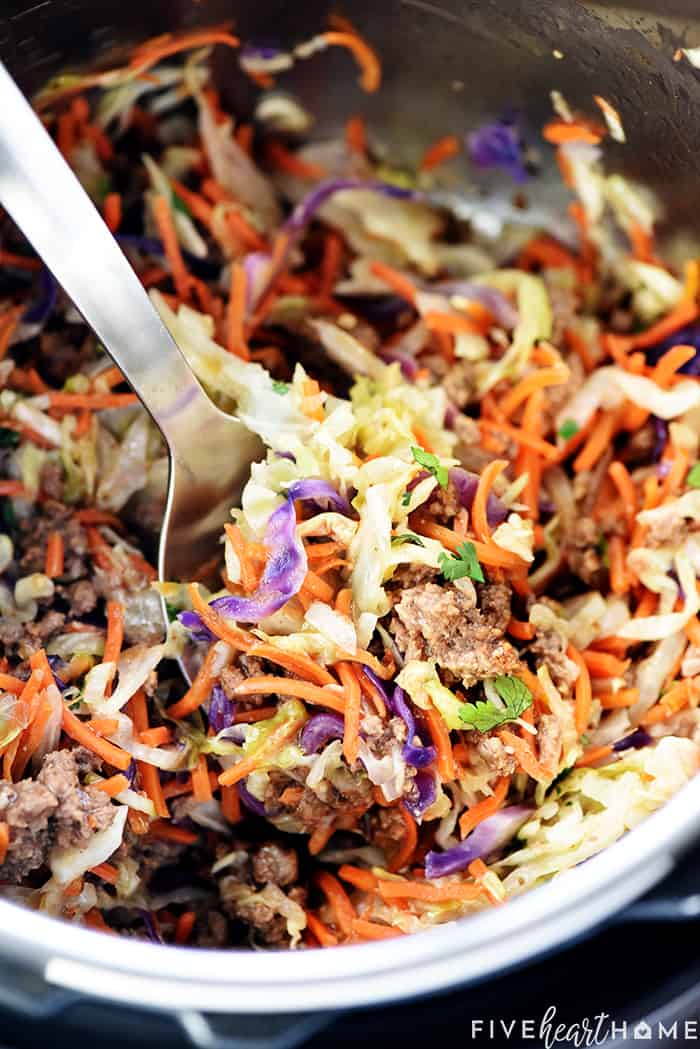 Close-up of cooked ingredients in pressure cooker.