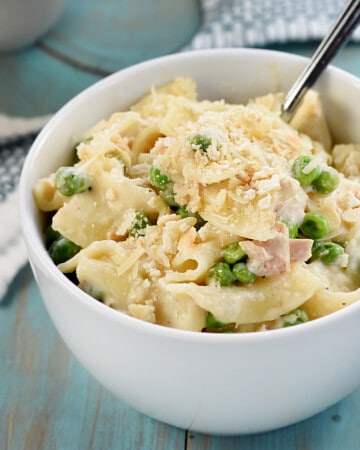 Stovetop Tuna Noodle Casserole From Scratch in white serving bowl.