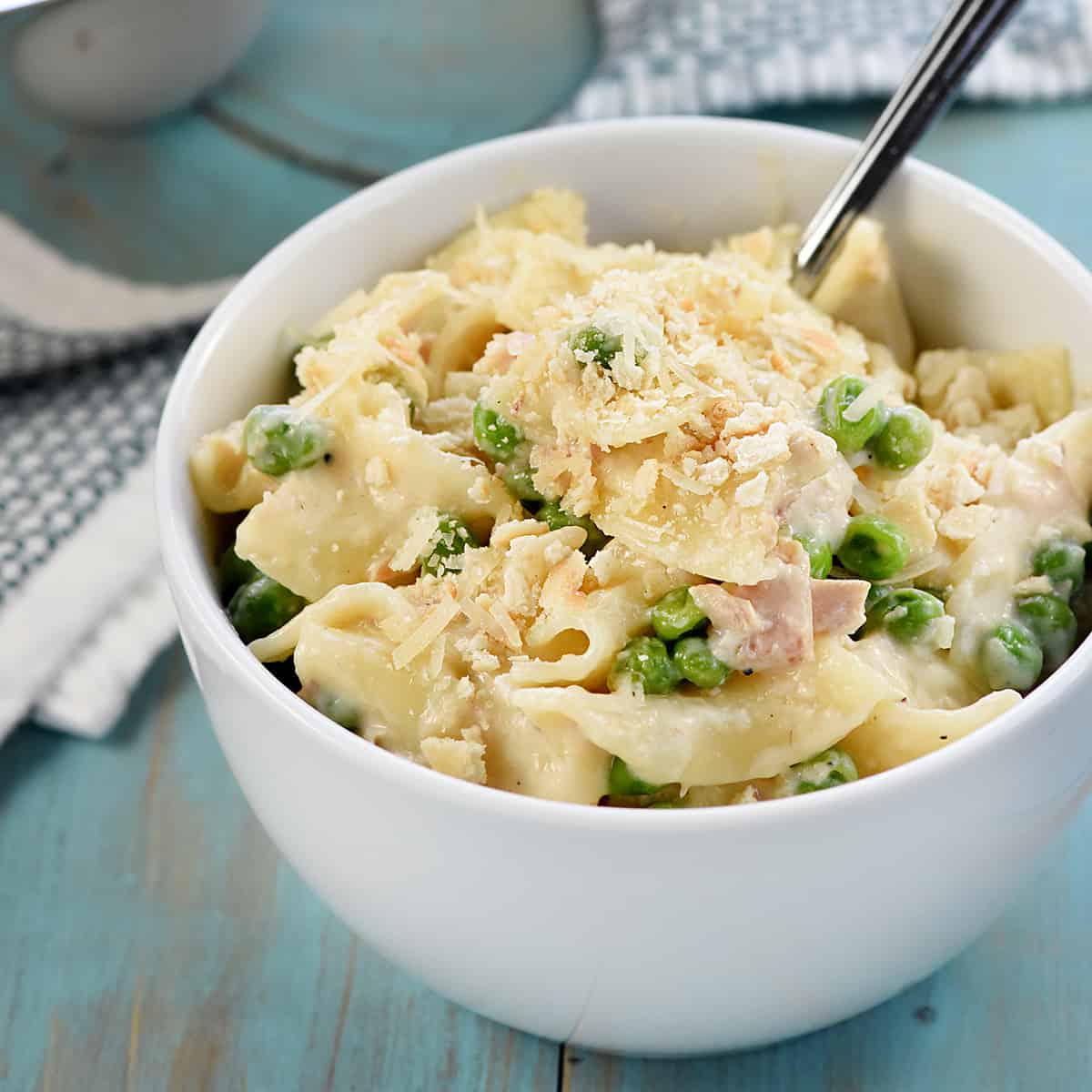 Stovetop Tuna Noodle Casserole From Scratch in white serving bowl.