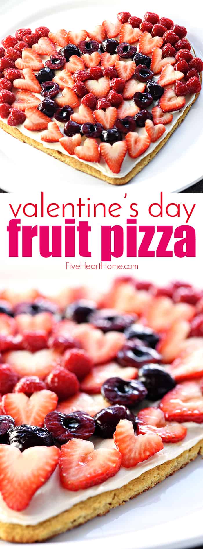 Valentine's Day Fruit Pizza ~ featuring a tangy cream cheese frosting on a heart-shaped sugar cookie crust topped by sweet, glossy berries and cherries, this is the perfect Valentine's Day dessert recipe! | FiveHeartHome.com via @fivehearthome