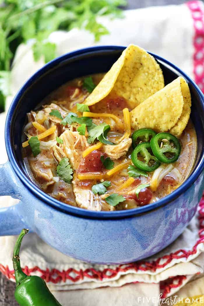 King Ranch Chicken Soup, garnished in blue bowl.