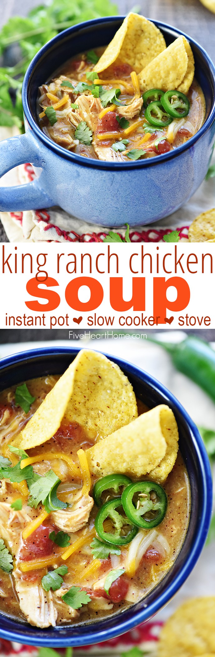 King Ranch Chicken Soup ~ a creamy and comforting soup recipe with all the zesty flavor of the classic casserole...and it's easy to make in the slow cooker, in the Instant Pot, or on the stove! | FiveHeartHome.com via @fivehearthome
