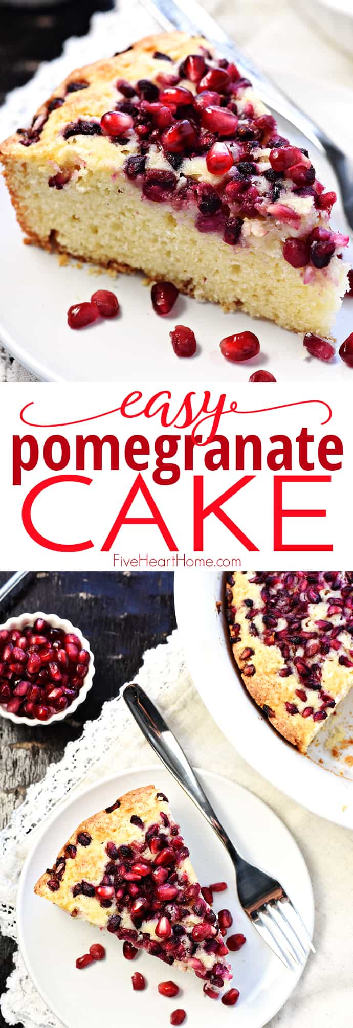 Pomegranate Cake ~ this easy and delicious recipe features a simple golden batter topped with juicy pomegranate arils and baked to sweet, tender perfection! | FiveHeartHome.com via @fivehearthome
