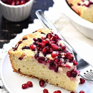 Pomegranate Cake ~ this easy and delicious recipe features a simple golden batter topped with juicy pomegranate arils and baked to sweet, tender perfection! | FiveHeartHome.com