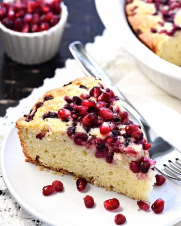 Pomegranate Cake ~ this easy and delicious recipe features a simple golden batter topped with juicy pomegranate arils and baked to sweet, tender perfection! | FiveHeartHome.com