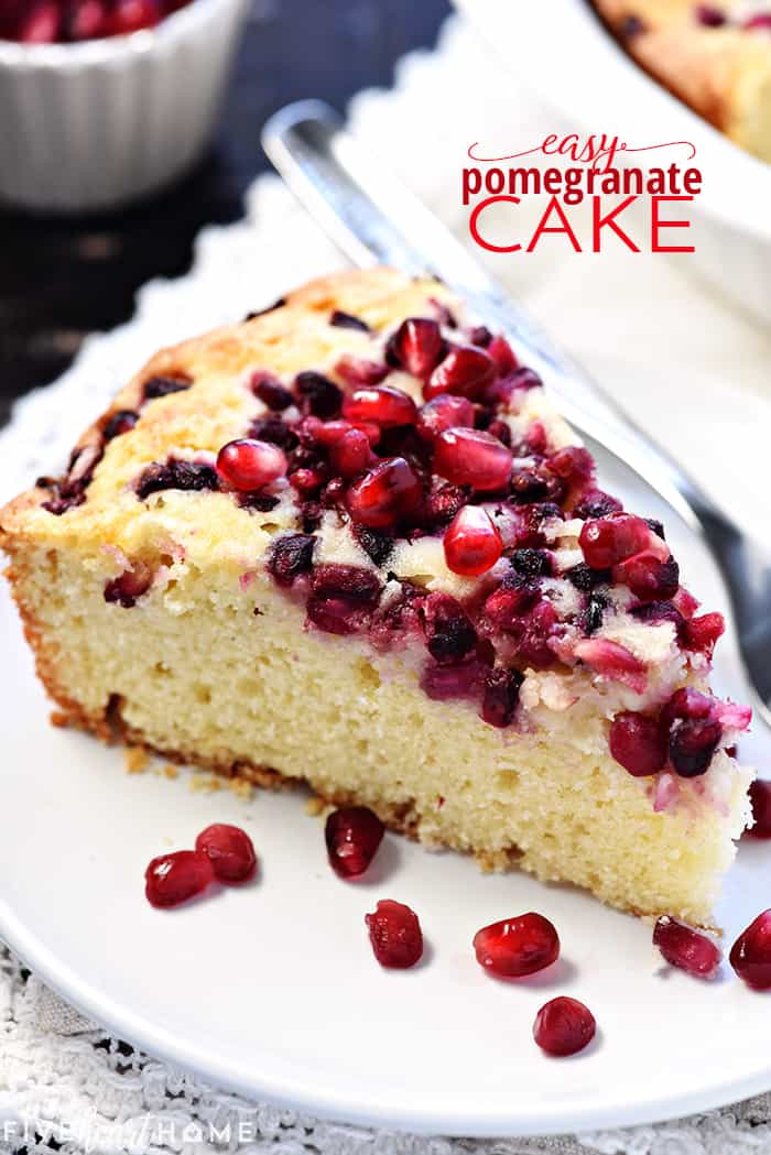 Pomegranate Cake Recipe ~ this easy and delicious cake features a simple golden batter topped with juicy pomegranate arils and baked to sweet, tender perfection! | FiveHeartHome.com