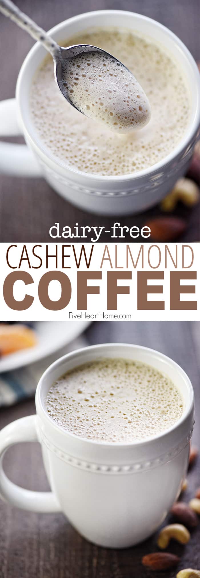 Almond Cashew Coffee ~ a rich, foamy, creamy latte made with NO DAIRY...the magical consistency and flavor are thanks to almonds, cashews, & maple syrup! | FiveHeartHome.com via @fivehearthome