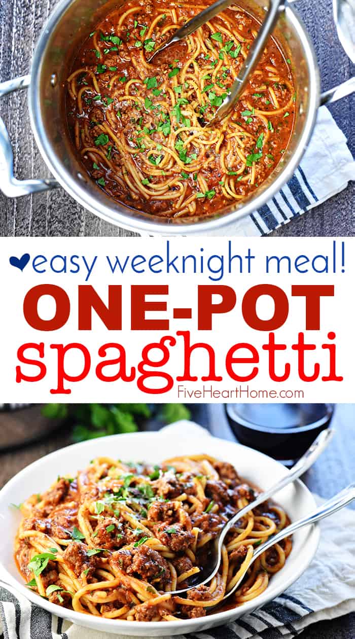 One-Pot Spaghetti ~ spaghetti gets a makeover with this quick, easy, delicious one-pot recipe! It's a family-pleasing dinner for busy weeknights...with only one pot to wash! | FiveHeartHome.com via @fivehearthome