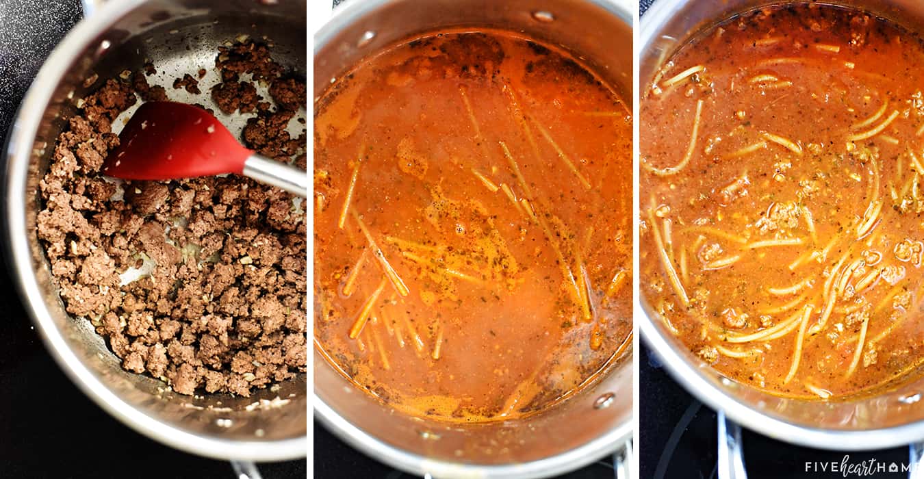 One-Pot Spaghetti ~ spaghetti gets a makeover with this quick, easy, delicious one-pot recipe! This family-pleasing dinner for busy weeknights is not only an easy spaghetti recipe, but it leaves you with only one pot to wash! | FiveHeartHome.com Collage of steps showing how to make spaghetti.