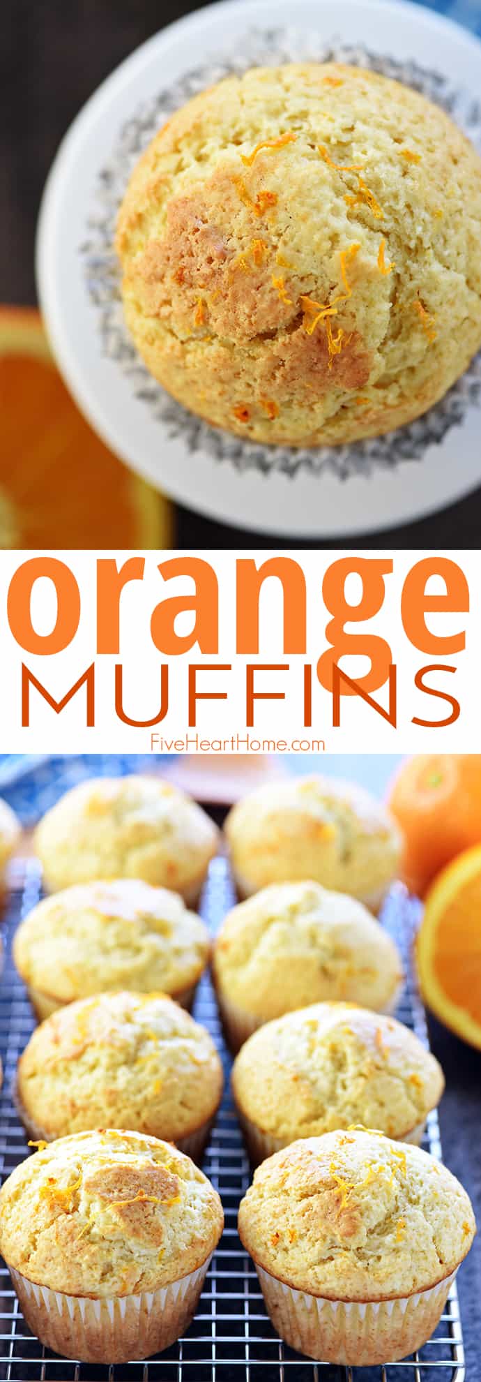 Orange Muffins ~ these lovely muffins are tender, and easy to make from scratch, with delicate flavors of vanilla and citrus from fresh orange juice and zest! | FiveHeartHome.com via @fivehearthome