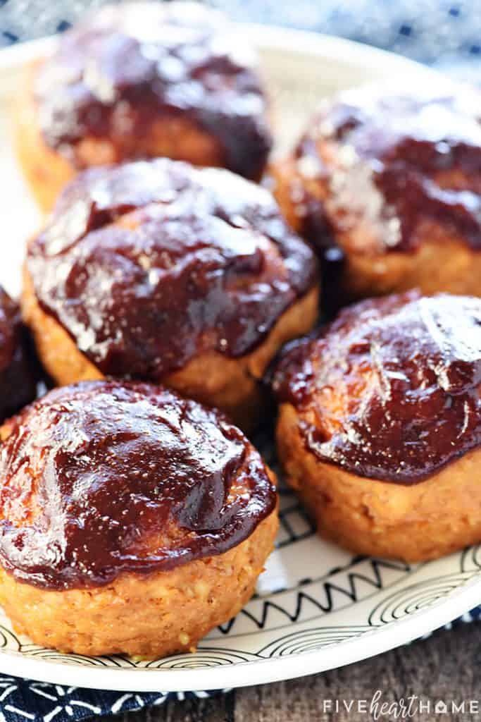 Platter of Turkey Meatloaf Muffins with BBQ sauce glaze.