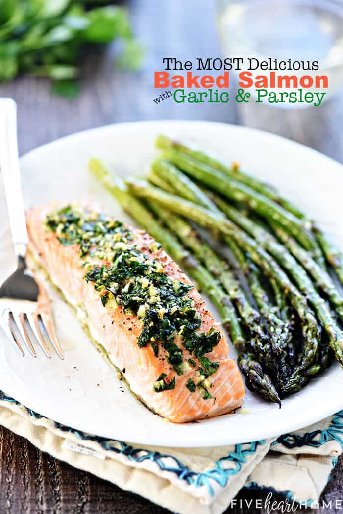 Oven Baked Salmon with Garlic and Parsley, with text overlay.
