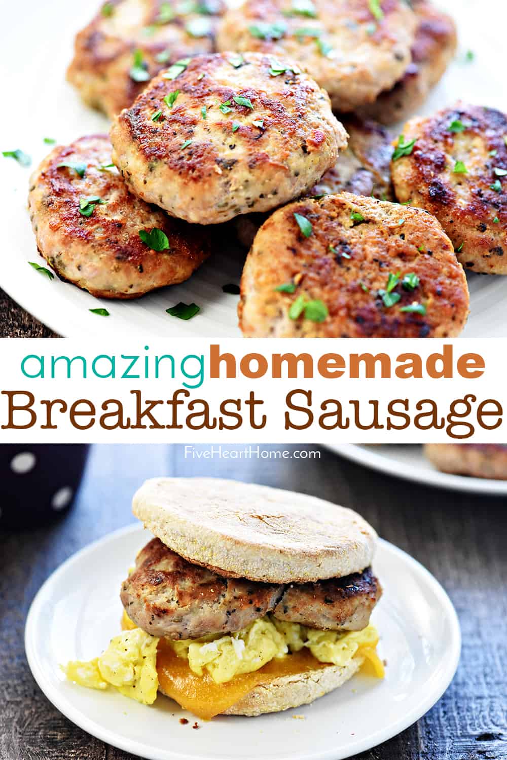 Amazing Homemade Breakfast Sausage ~ a flavorful blend of ground turkey, pork, and spices...delicious, easy to make, and you know exactly what's in it! | FiveHeartHome.com #breakfastsausage via @fivehearthome