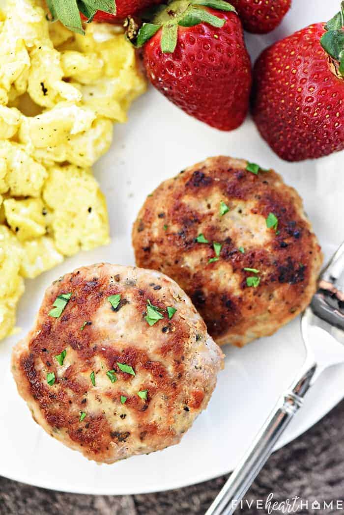Homemade Breakfast Sausage on a plate with eggs and fruit