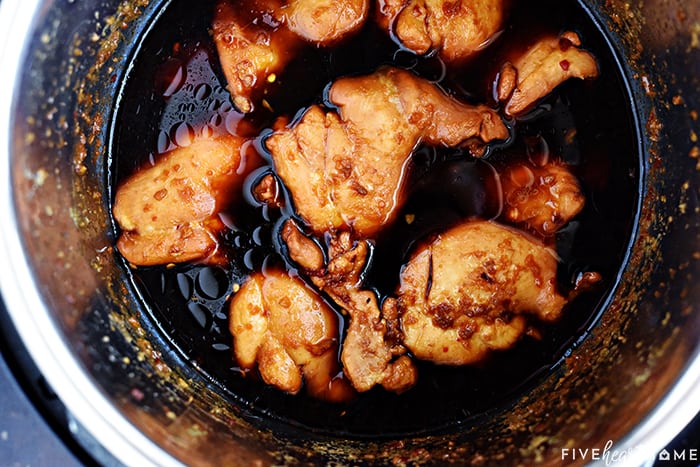 Aerial view of Teriyaki Chicken in Insant Pot after cooking.