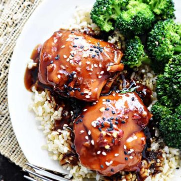 Instant Pot Teriyaki Chicken ~ an easy dinner recipe featuring chicken thighs in a sticky-sweet homemade sauce, served over rice or shredded in sandwiches! | FiveHeartHome.com