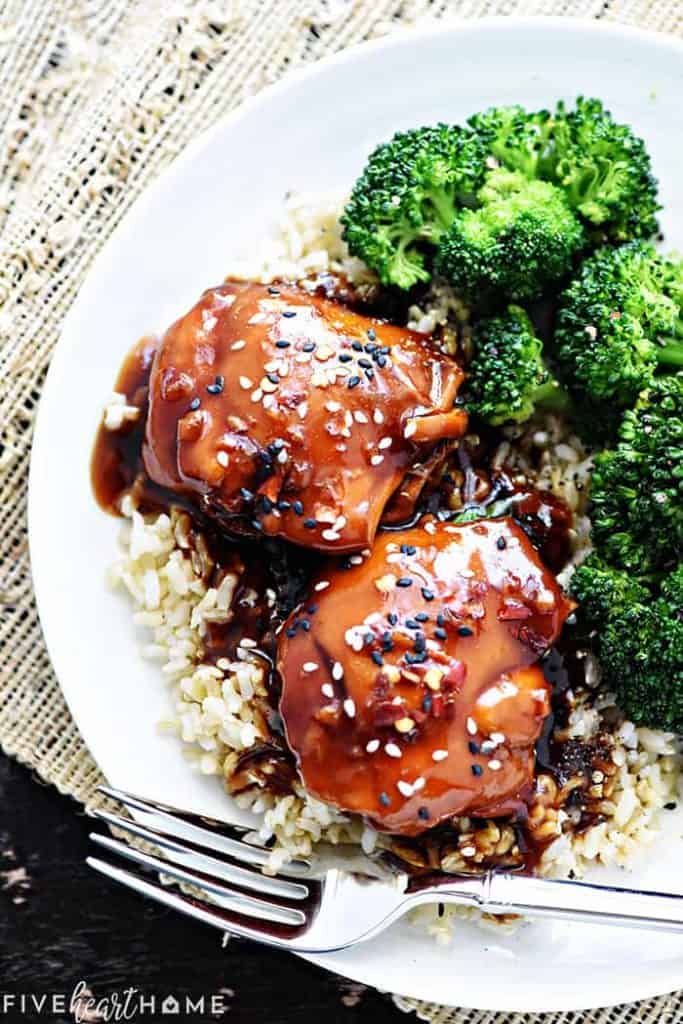Instant Pot Teriyaki Chicken ~ an easy dinner recipe featuring chicken thighs in a sticky-sweet homemade sauce, served over rice or shredded in sandwiches! | FiveHeartHome.com
