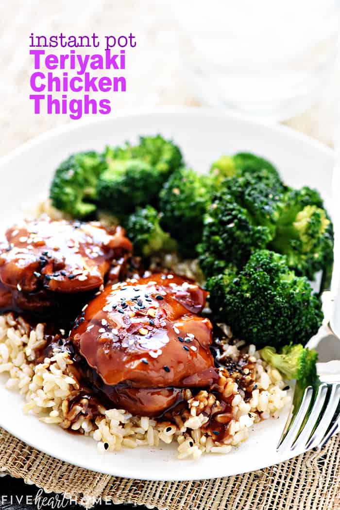 Instant Pot Teriyaki Chicken on a plate with text overlay.