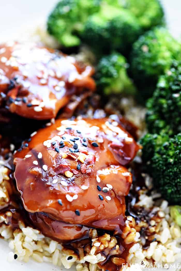 Instant Pot Teriyaki Chicken with homemade sauce over rice.