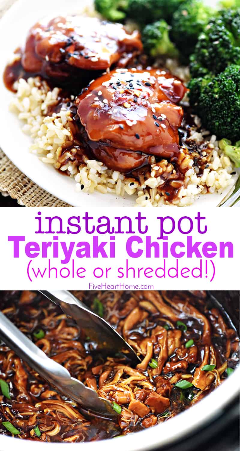 Instant Pot Teriyaki Chicken ~ an easy dinner recipe featuring chicken thighs in a sticky-sweet homemade sauce, served over rice or shredded in sandwiches! | FiveHeartHome.com via @fivehearthome