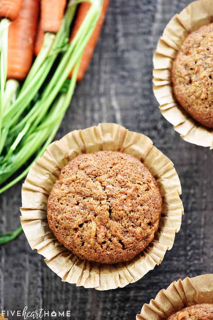 Whole Wheat Carrot Muffins ~ boast the deliciousness of carrot cake in a yummy, wholesome muffin that's great for breakfast, snacktime, or even dessert! | FiveHeartHome.com Carrot Muffins
