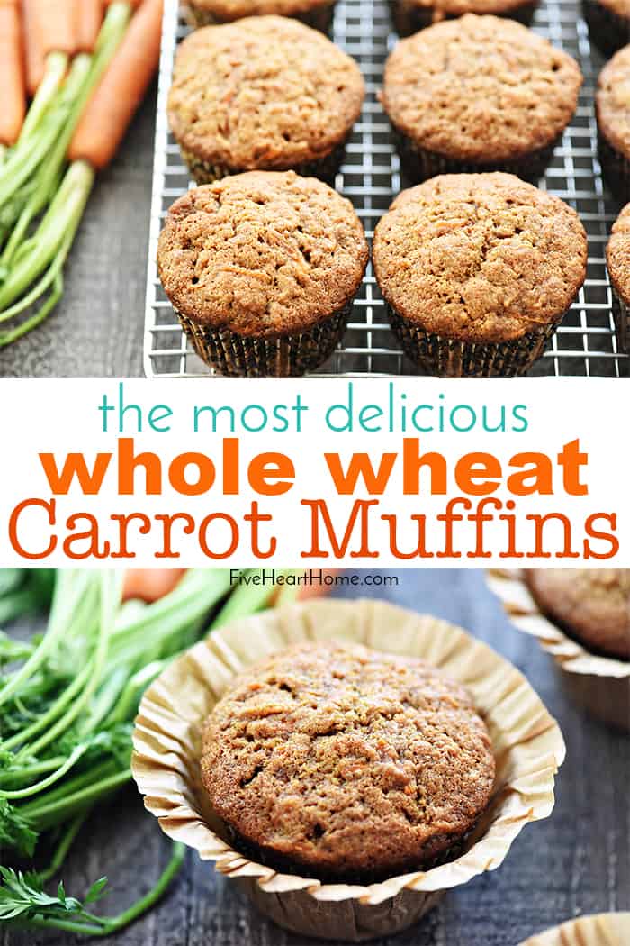 Whole Wheat Carrot Muffins ~ boast the deliciousness of carrot cake in a yummy, wholesome muffin that's great for breakfast, snacktime, or even dessert! | FiveHeartHome.com via @fivehearthome