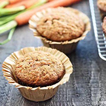 Whole Wheat Carrot Muffins ~ boast the deliciousness of carrot cake in a yummy, wholesome muffin that's great for breakfast, snacktime, or even dessert! | FiveHeartHome.com