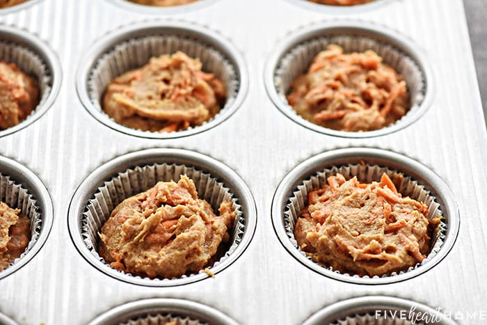 Whole Wheat Carrot Muffins ~ boast the deliciousness of carrot cake in a yummy, wholesome muffin that's great for breakfast, snacktime, or even dessert! | FiveHeartHome.com Batter in pan