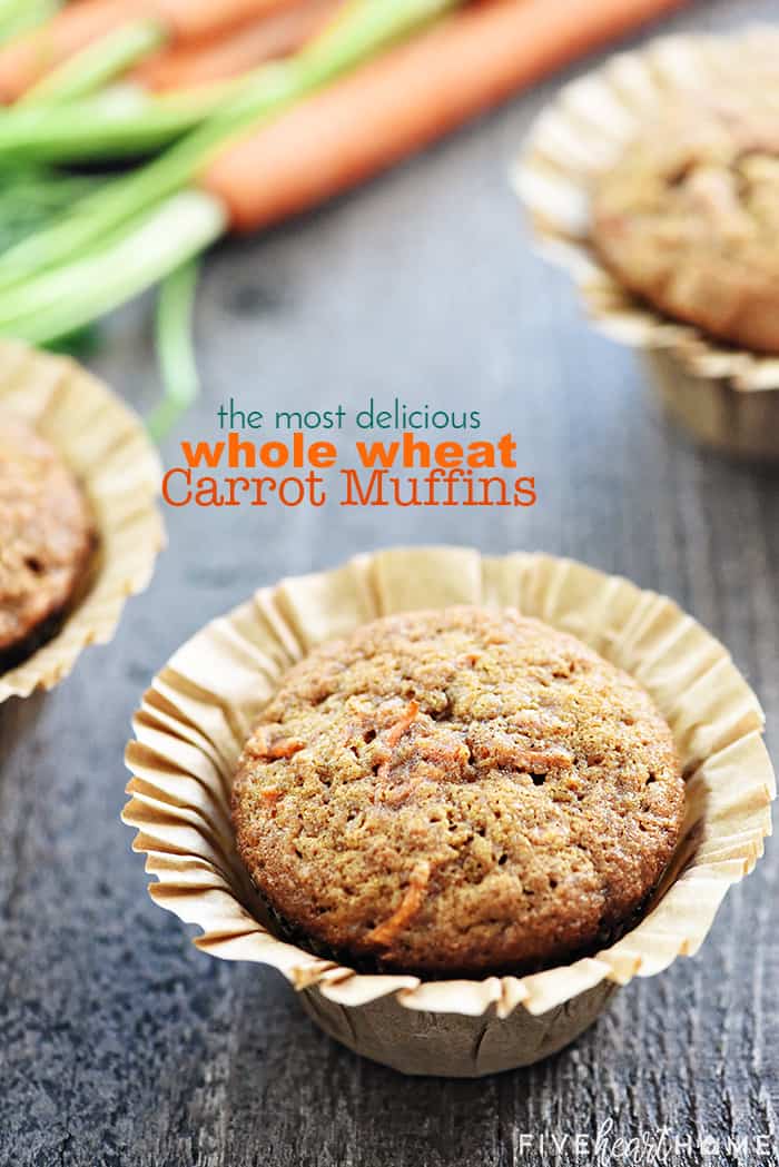 Whole Wheat Carrot Muffins ~ boast the deliciousness of carrot cake in a yummy, wholesome muffin that's great for breakfast, snacktime, or even dessert! | FiveHeartHome.com Whole Wheat Carrot Muffins Recipe