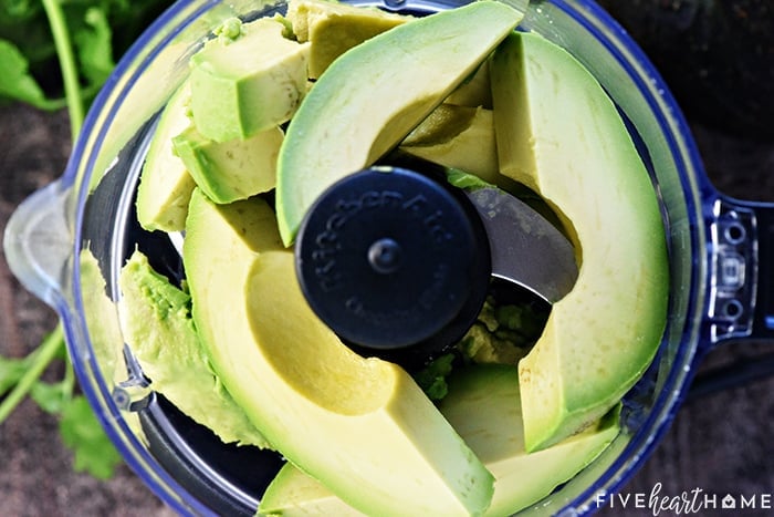 sliced avocados in food processor