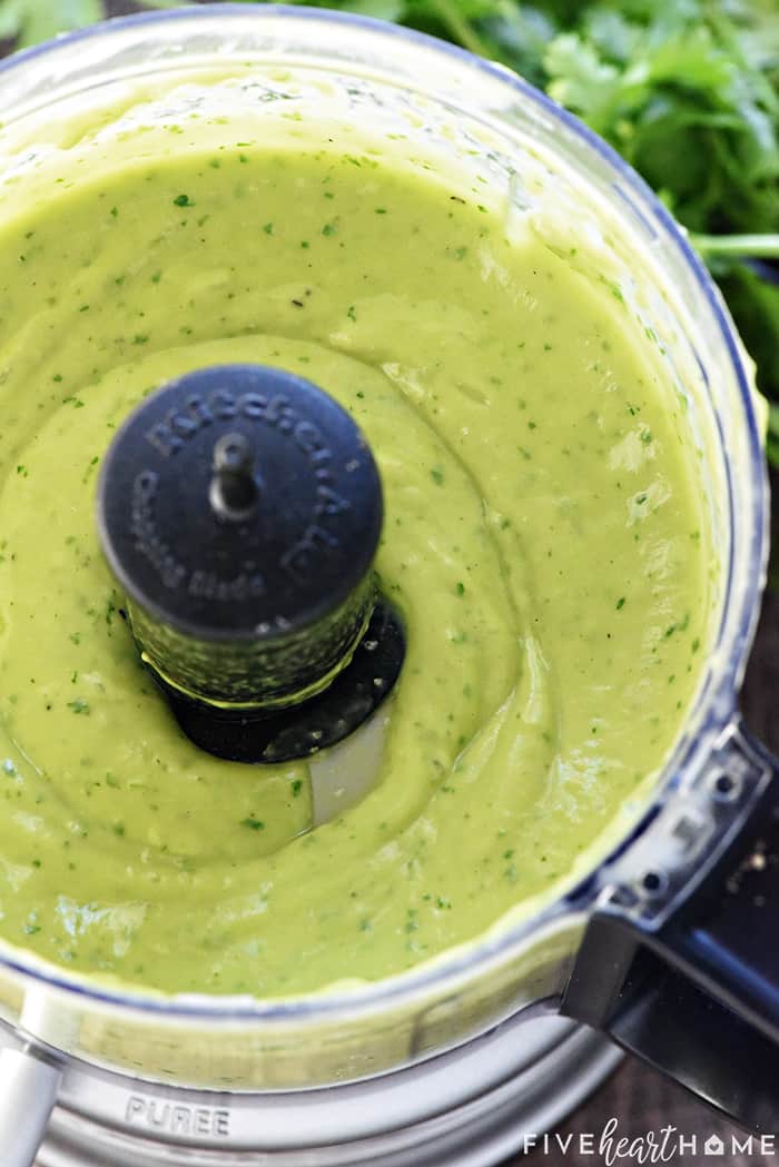 Dairy-Free Creamy Avocado Dressing ~ a silky, decadent yet healthy, non-dairy dressing -- flavored with cilantro and garlic -- that's great on salads, as a dip, and so much more! | FiveHeartHome.com #avocadodressing Avocado Cintro Dressing close-up