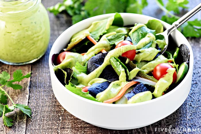 Avocado Salad Dressing drizzled over a salad