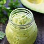 Dairy-Free Creamy Avocado Dressing ~ a silky, decadent yet healthy, non-dairy dressing -- flavored with cilantro and garlic -- that's great on salads, as a dip, and so much more! | FiveHeartHome.com #avocadodressing