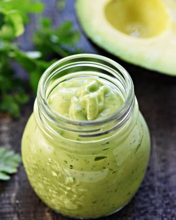 Dairy-Free Creamy Avocado Dressing ~ a silky, decadent yet healthy, non-dairy dressing -- flavored with cilantro and garlic -- that's great on salads, as a dip, and so much more! | FiveHeartHome.com #avocadodressing