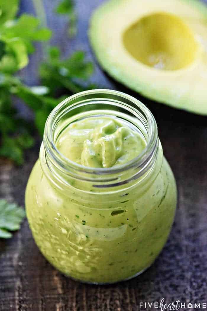 Dairy-Free Creamy Avocado Dressing ~ a silky, decadent yet healthy, non-dairy dressing -- flavored with cilantro and garlic -- that's great on salads, as a dip, and so much more! | FiveHeartHome.com #avocadodressing