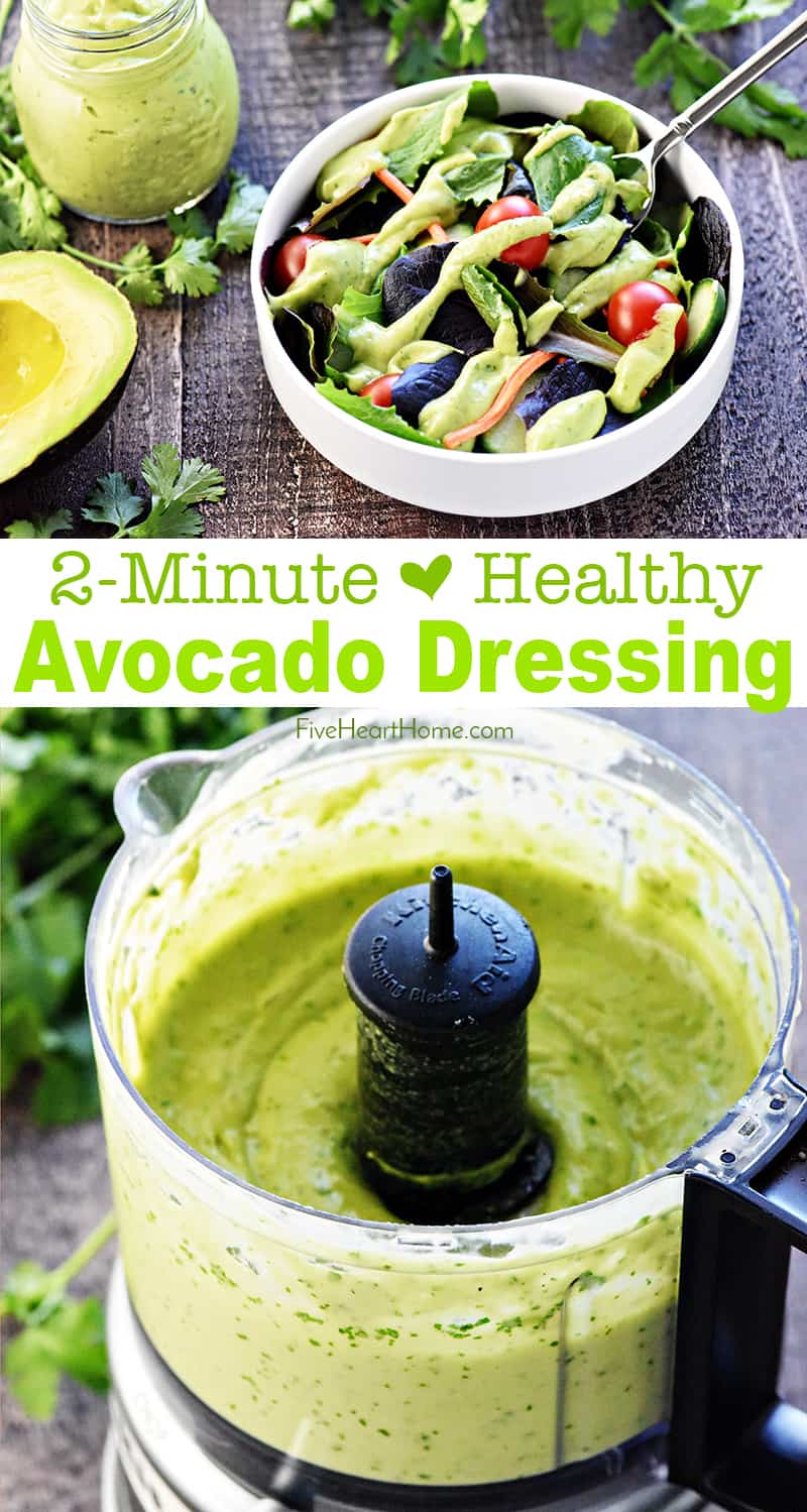 Dairy-Free Creamy Avocado Dressing ~ a silky, decadent yet healthy, non-dairy dressing -- flavored with cilantro and garlic -- that's great on salads, as a dip, and so much more! | FiveHeartHome.com #avocadodressing via @fivehearthome