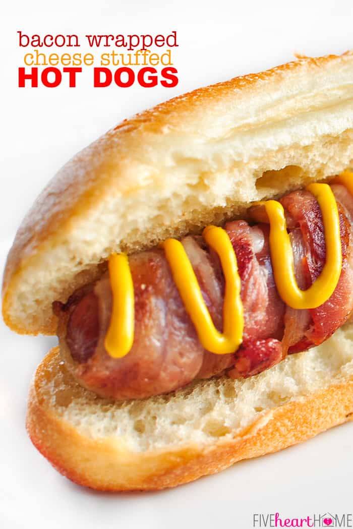 Bacon Wrapped Hot Dogs with Cheese ~ cooked on the grill, this recipe takes a summertime staple to the next level...it's sure to be a hit at any party or barbecue! | FiveHeartHome.com #hotdogs Bacon Wrapped Hot Dogs with Cheese with text overlay