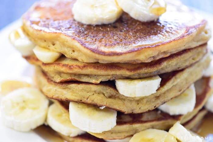 Close-up side view of stack on plate