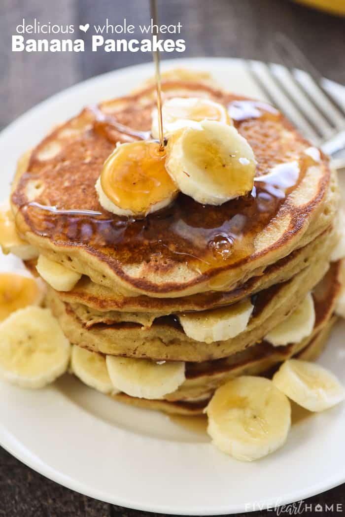 Healthy Whole Wheat Banana Pancakes with text overlay