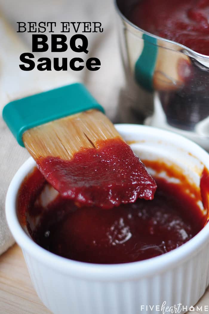 The Best BBQ Sauce Recipe ~ slightly sweet, slightly smoky, and slightly spicy, making it delicious on everything from brisket to ribs to chicken to pulled pork and more! | FiveHeartHome.com via @fivehearthome