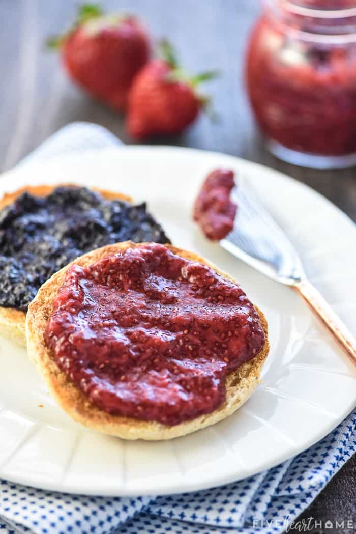 Chia Seed Jam ~ a quick, easy, delicious, and nutritious way to make jam -- without pectin or extra sugar -- using any fresh or frozen fruit you have on hand! | FiveHeartHome.com Blueberry and Strawberry Chia Seed Jam recipe spread on English muffins.