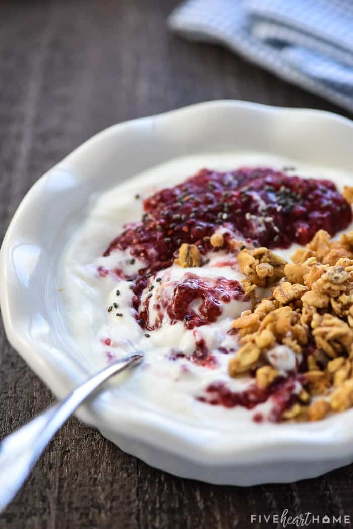 Chia Seed Jam mixed into yogurt with granola.