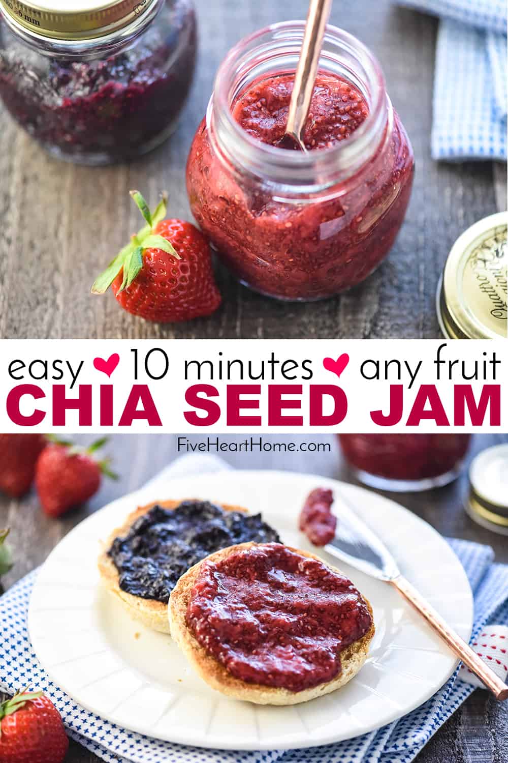 Chia Seed Jam ~ a quick, easy, delicious, and nutritious way to make jam -- without pectin or extra sugar -- using any fresh or frozen fruit you have on hand! | FiveHeartHome.com via @fivehearthome