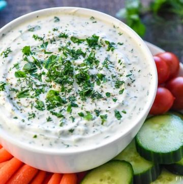 Greek Yogurt Dip ~ an all-natural, creamy, flavorful dip loaded with non-fat Greek yogurt and fresh herbs for a healthy way to enjoy fresh veggies! | FiveHeartHome.com