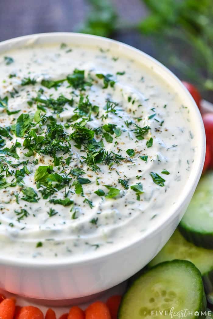 Close-up of Greek Yogurt Dip in a white bowl.